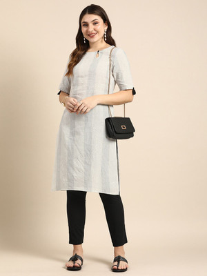 ANOUK Women Striped Straight Kurta(White)