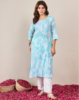 Skylee Women Floral Print, Embellished Straight Kurta(White, Light Blue)