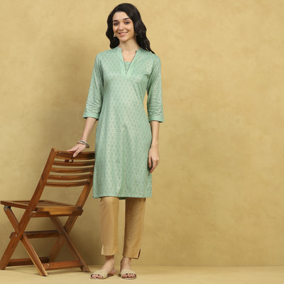 RANGRITI Women Printed Straight Kurta(Green)