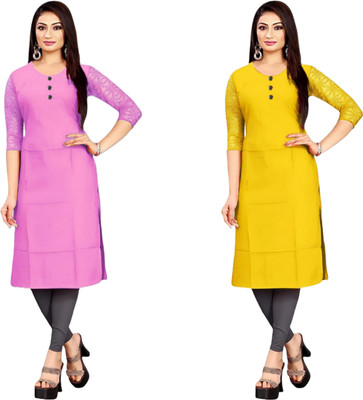 HOFC Women Solid Straight Kurta(Pink, Yellow)
