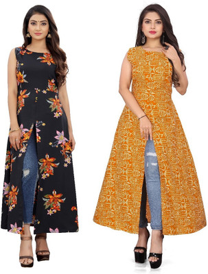 Hiral Creation Women Floral Print Frontslit Kurta(Orange)