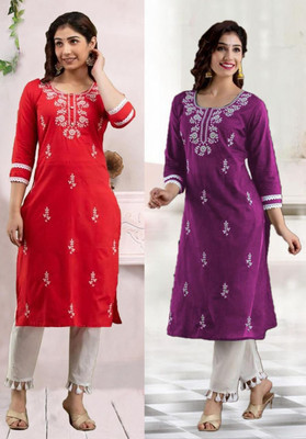 vikshi Women Chikan Embroidery Straight Kurta(Multicolor)