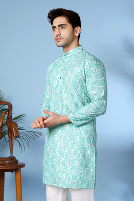 vastraveda Men Abstract, Printed Pathani Kurta(Light Blue)