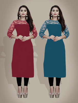 Maheshvi Women Solid, Self Design Straight Kurta(Multicolor)