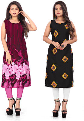 Hiral Creation Women Printed Straight Kurta(Pink, Red)