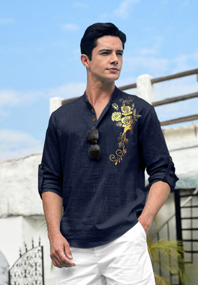 ZIRPIX Men Printed Straight Kurta(Dark Blue)