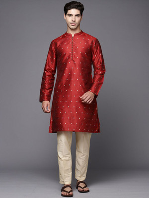 ANOUK Men Polka Print Straight Kurta(Maroon)