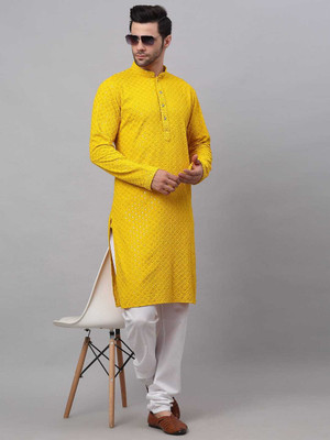 ZEDIN Men Embroidered Straight Kurta(Yellow)