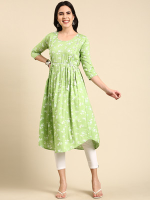 SHOWOFFFF Women Printed Flared Kurta(Green)