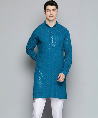 Triom Men Chikan Embroidery Ethnic Dress Kurta(Blue)