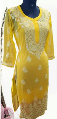 KKHENTPRS Women Chikan Embroidery Ethnic Dress Kurta(Yellow, White)