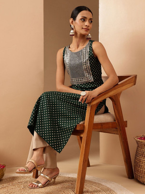 Janasya Women Embroidered Straight Kurta(Dark Green)