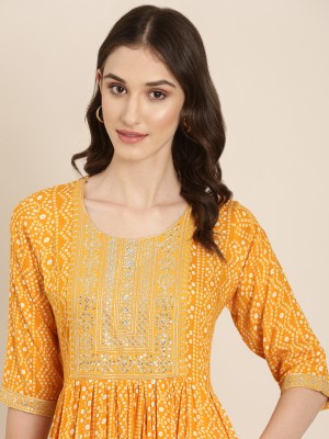 Showoff Women Printed Anarkali Kurta(Yellow)