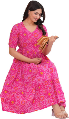 Jaipuur Trend Women Printed Gown Kurta(Pink)