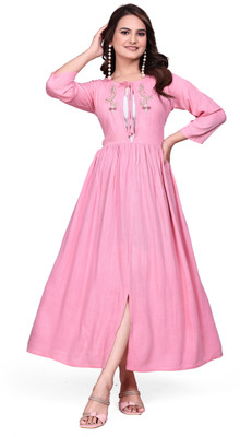 Tylissa Women Embroidered A-line Kurta(Pink)