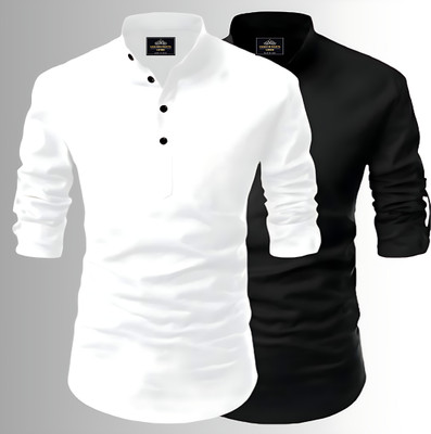 Kavyangle Creation Men Printed Straight Kurta(Black, White)