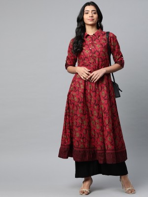 AKIKO Women Printed Straight Kurta(Maroon)