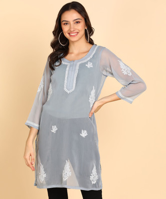 VAHSON Women Chikan Embroidery, Embroidered A-line Kurta(Grey)