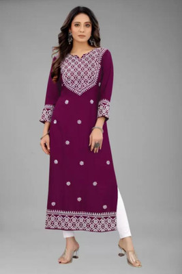 KHYATI KURTIES Women Embroidered Straight Kurta(Purple)
