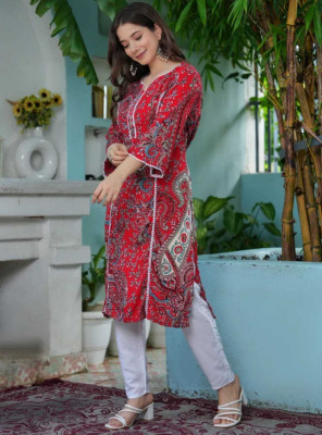 MS Creation Women Printed A-line Kurta(Red)
