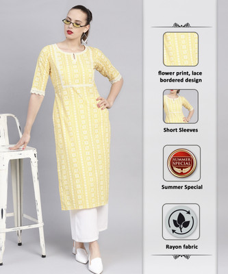 Jixpox Women Printed A-line Kurta(Yellow)