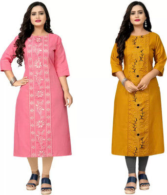VIVIDH CREATIONS Women Embroidered Straight Kurta(Pink, Yellow)
