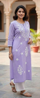 ChikankariArts Women Embroidered Straight Kurta(Yellow)