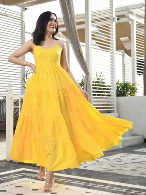 Demirner Women Self Design Anarkali Kurta(Yellow)