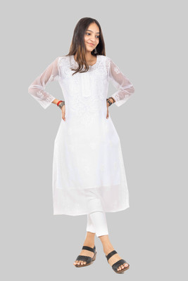 Rudraaksha Chikankari Women Chikan Embroidery Straight Kurta(Black)