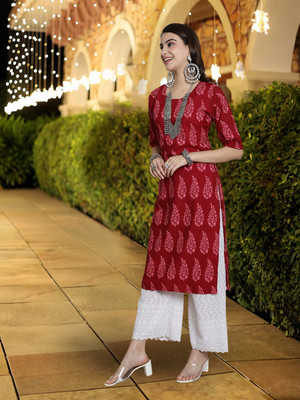 1 Stop Fashion Women Self Design A-line Kurta(Red)