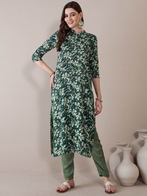 ANOUK Women Floral Print Straight Kurta(Green)
