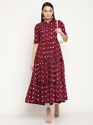 Angkor Women Printed Flared Kurta(Maroon)