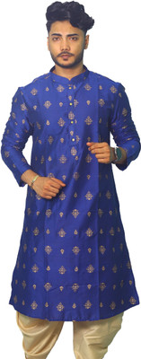 House of Aqss Men Printed Straight Kurta(Blue)