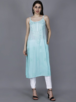 The Chikankari Story Women Chikan Embroidery Straight Kurta(Light Blue)