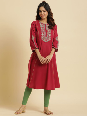 W Women Embroidered A-line Kurta(Maroon)