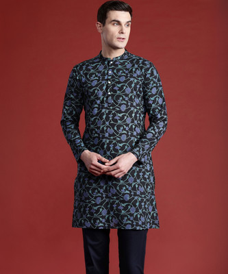 ANOUK Men Floral Print Straight Kurta(Black)