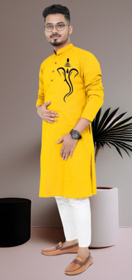 Biswas Fab Men Printed Straight Kurta(Yellow)