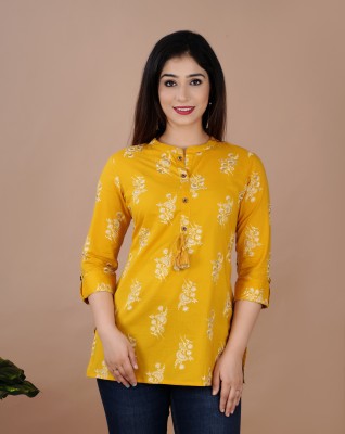 Shagunas Women Floral Print Straight Kurta(Yellow)