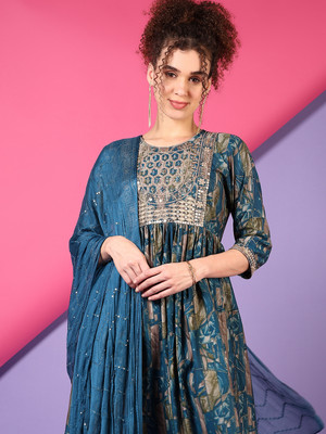 V-MART Women Printed A-line Kurta(Blue)