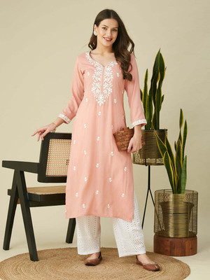 Rensa Women Embroidered Straight Kurta(Pink)