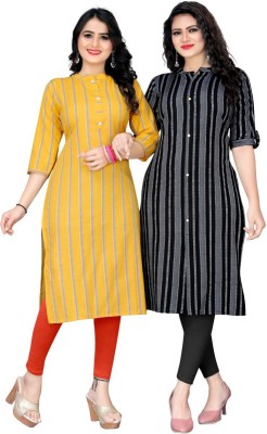 Dev Fashion Women Striped Straight Kurta(Black, Yellow)
