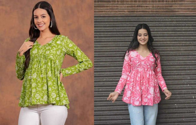 ARZOO Women Floral Print Flared Kurta(Green, Pink)