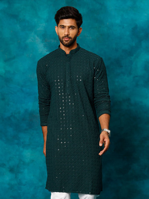 VM Men Embellished A-line Kurta(Green)