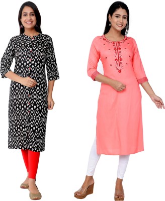 Kundan Women Printed Straight Kurta(Black, Pink)