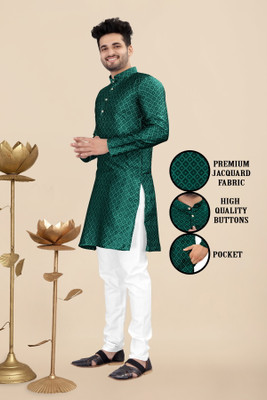 FABWAX Men Self Design Straight Kurta(Dark Green)