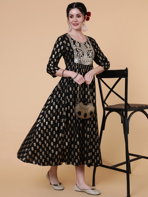 Gulmohar Jaipur Women Printed Flared Kurta(Black)