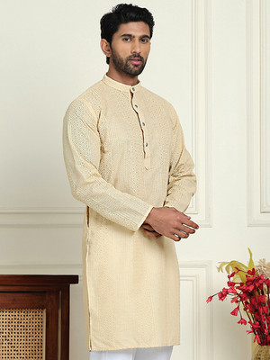 ANOUK Men Embroidered Straight Kurta(Beige)