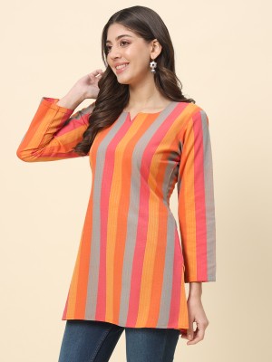 Chafi Collection Women Striped Straight Kurta(Orange)