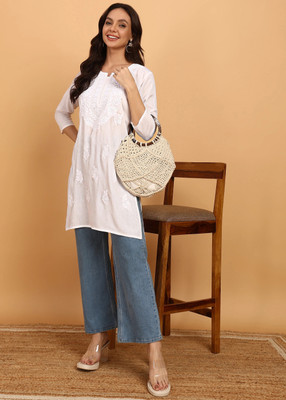 TOP N THREAD Women Chikan Embroidery, Embroidered, Self Design Straight Kurta(White)