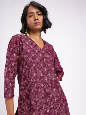 Anouk Rustic Women Printed Straight Kurta(Maroon)